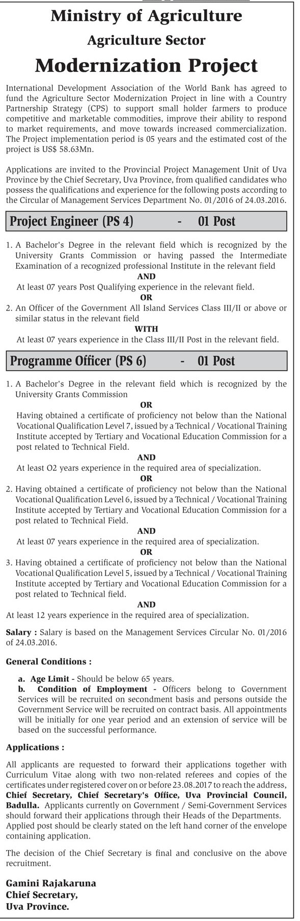 Project Engineer, Programme Officer - Ministry of Agriculture